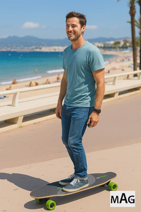 Skateboarder qui roule sur la croisette à Cannes en bord de plage.