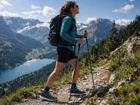 Randonneuse avec ses toutes nouvelles chaussures columbia avec lacets bleu pétrôle