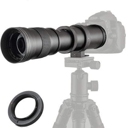 Téléobjectif 420-800mm monté sur un appareil Sony, prêt pour une session photo longue distance