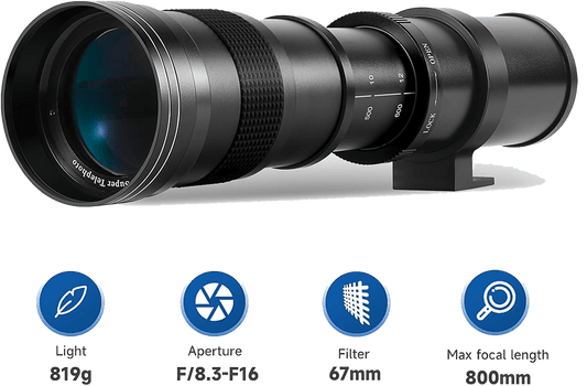 Vue rapprochée du téléobjectif JINTU 420-800mm avec bague de mise au point manuelle pour un contrôle précis.